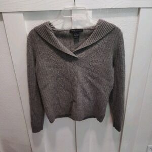 Elena Solano 100% Cashmere Gray Solid Hooded Knit Long Sleeve Pullover L